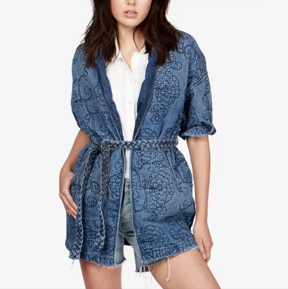 Lucky Brand Quilted Denim Embroidered Kimono Jacket Size S